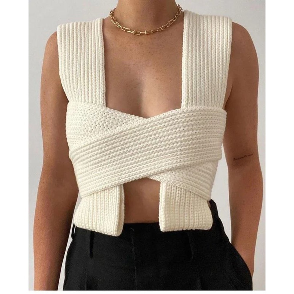 VRG GRL Cream Ribbed Knit Wrap Crop Top Nanu Top Boho Festival Minimalist